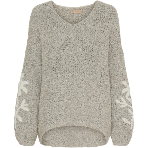 LaMarta Damen Strickpullover mit V-Ausschnitt und Stickdetails, Grau