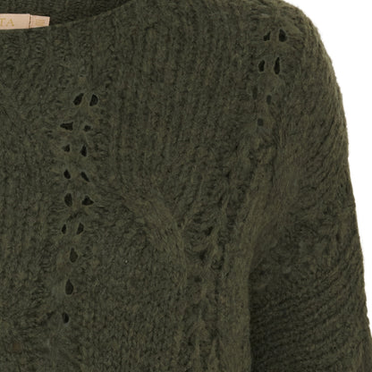 LaMarta-Kuscheliger Militärfarbener Strickpullover mit Ballonärmeln & Spitze