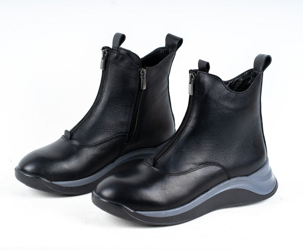Schwarze Leder Stiefeletten mit Absatz und Reißverschluss für Damen - LaMarta