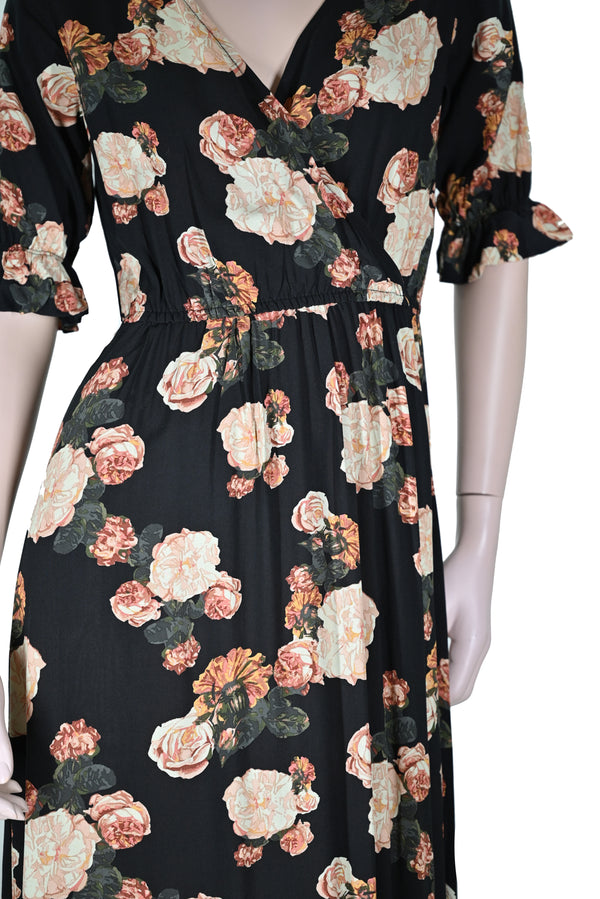 Damen Maxikleid Boho Stil- sdchwarz blumen