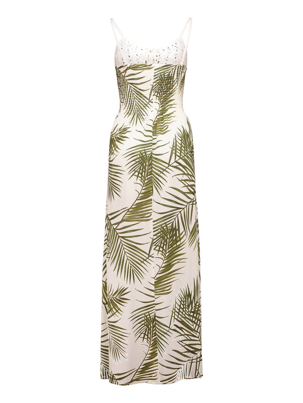 Damen Maxikleid Boho Stil – Schwarz & Offwhite mit Palmenmuster