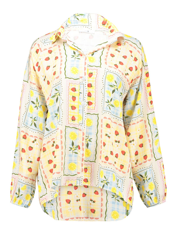 Bluse mit Zitronen- und Erdbeerprint-Damenbluse Sommer