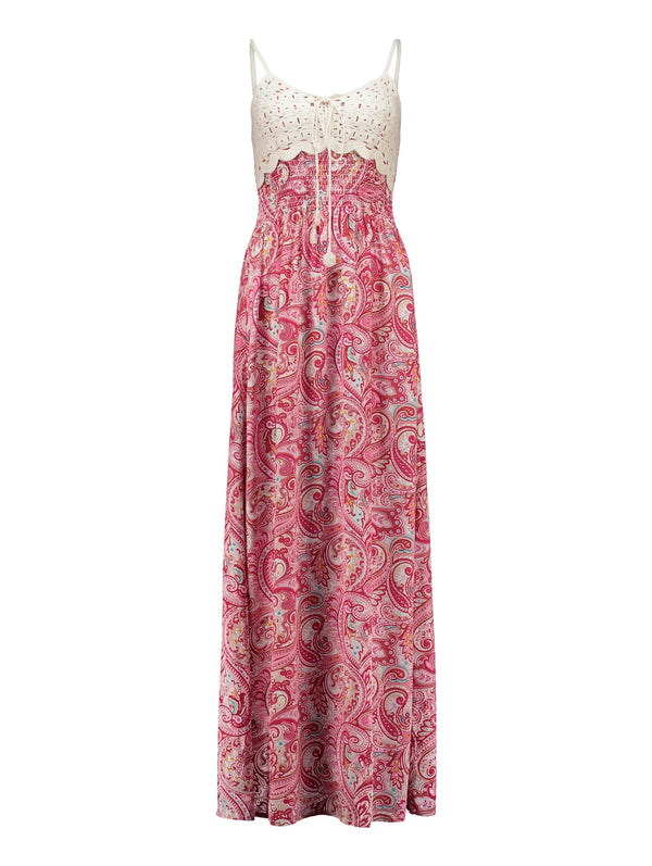 Damen Elegantes schwarz Boho-Maxikleid pink-paisley Sommerkleid