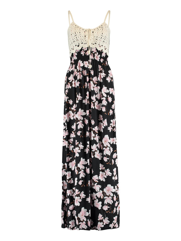 Damen Elegantes schwarz Boho-Maxikleid blumenmuster Sommerkleid