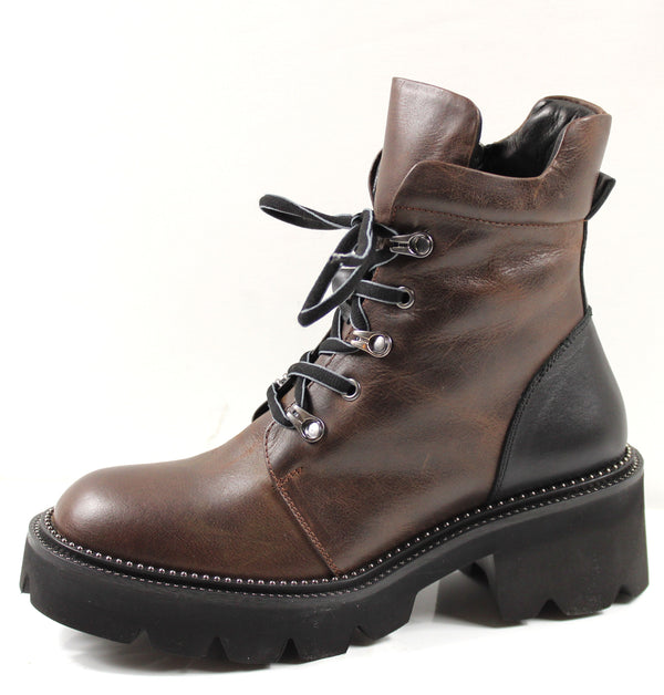 Damenstiefel Boots Schwarz/Braun – Schnürboots mit Zipper & Absatz