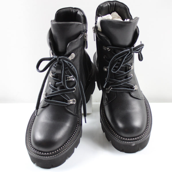 Leder Stiefel Damen mit Reißverschluss und Absatz-Boots Schwarz